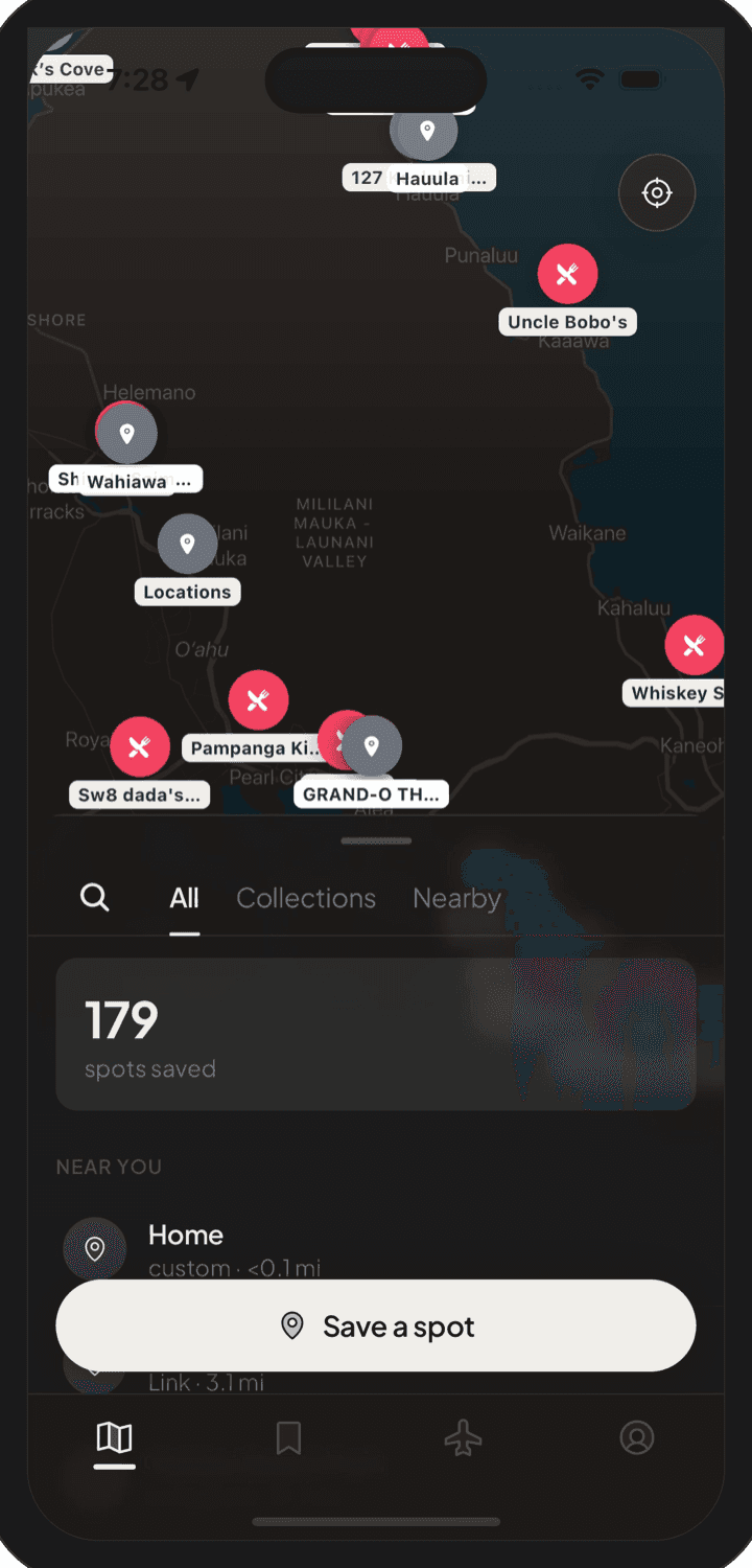 The Sayvs app showing saved spots pinned across a map