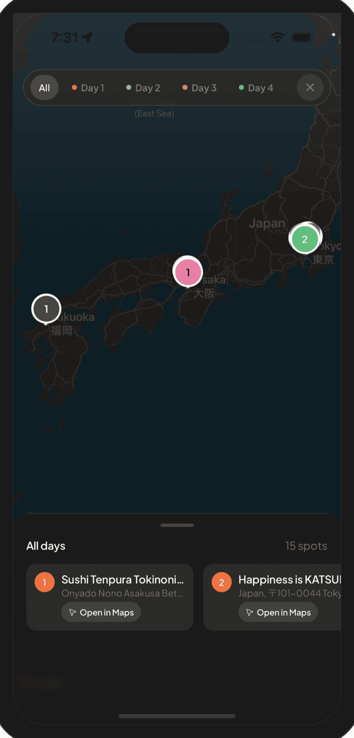 A Sayvs trip map with saved spots color-coded by day