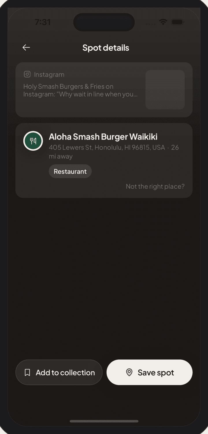 A spot's details in Sayvs with an Add to collection button