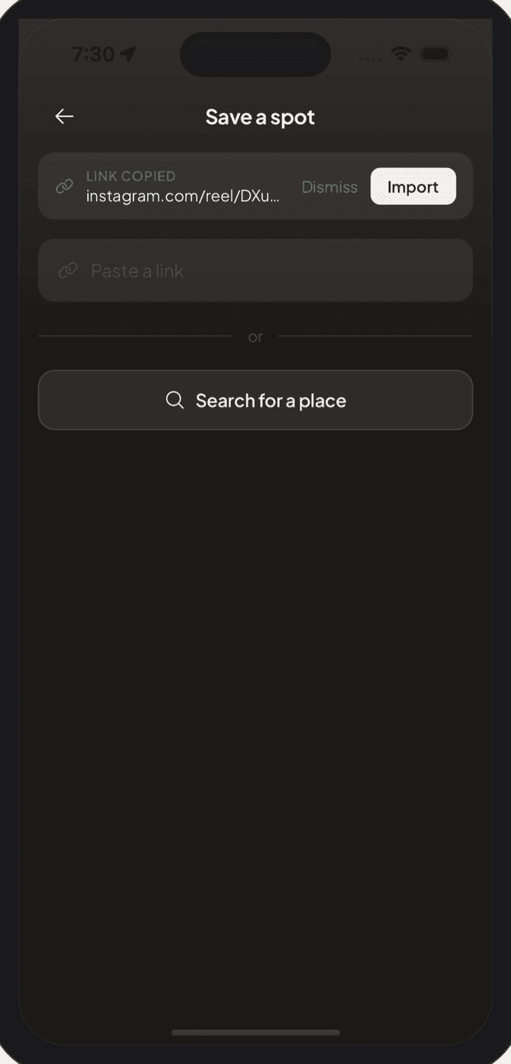 Saving a spot in Sayvs by importing an Instagram link